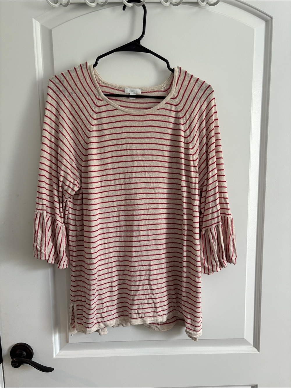 J. Jill Linen Blend Flounce Sleeve Sweater Size XL Oatmeal Stripe Pullover